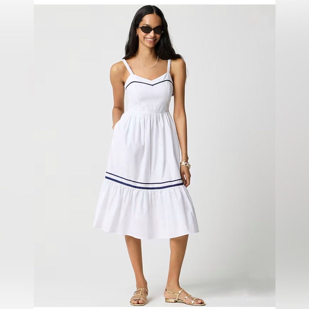 Brand New J. Crew Women’s Corset White Midi Dress with Blue Trim, Size 10, NWT